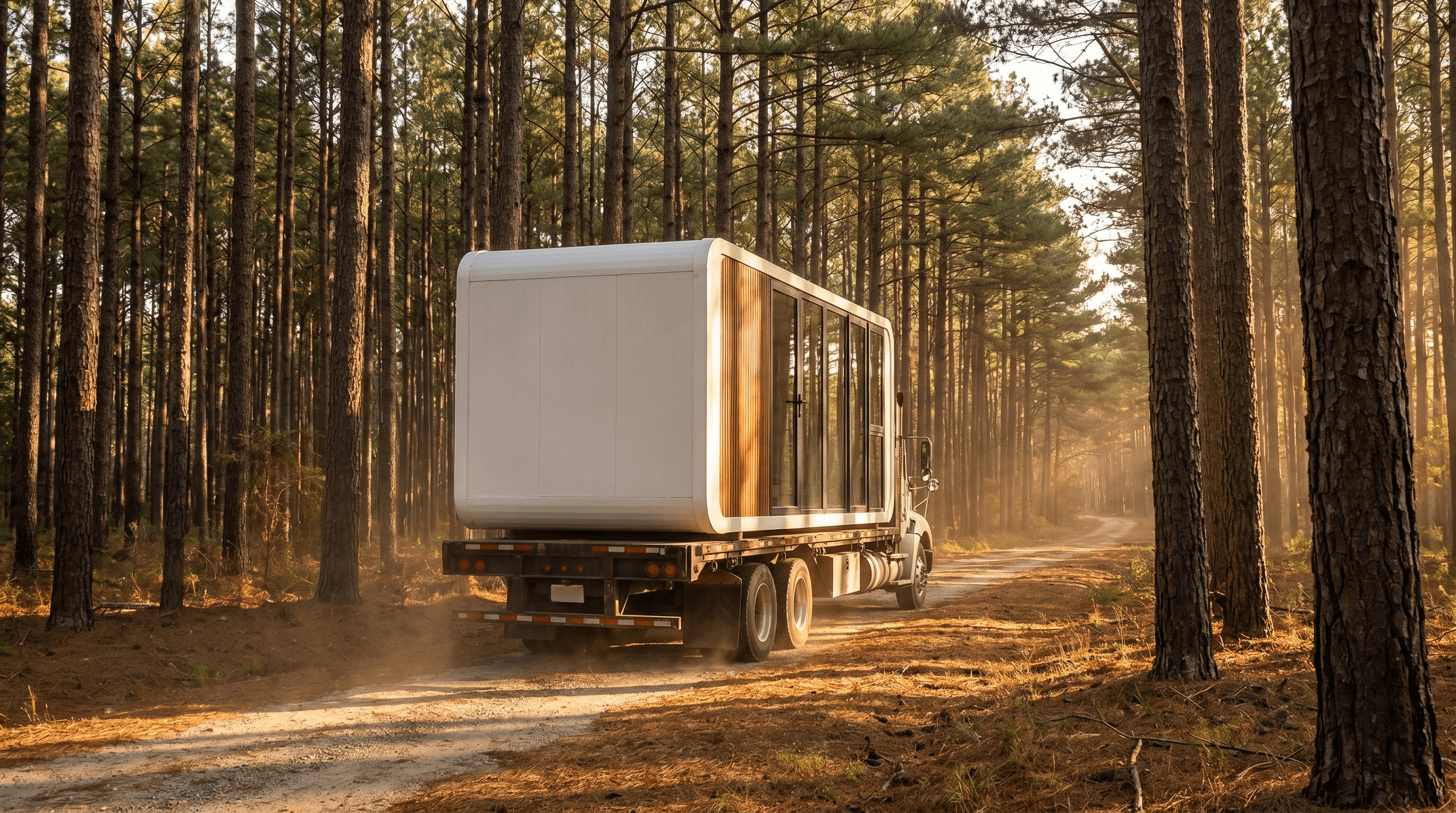 Modulr capsule cabin on flatbed delivery through North Carolina pine forest at golden hour